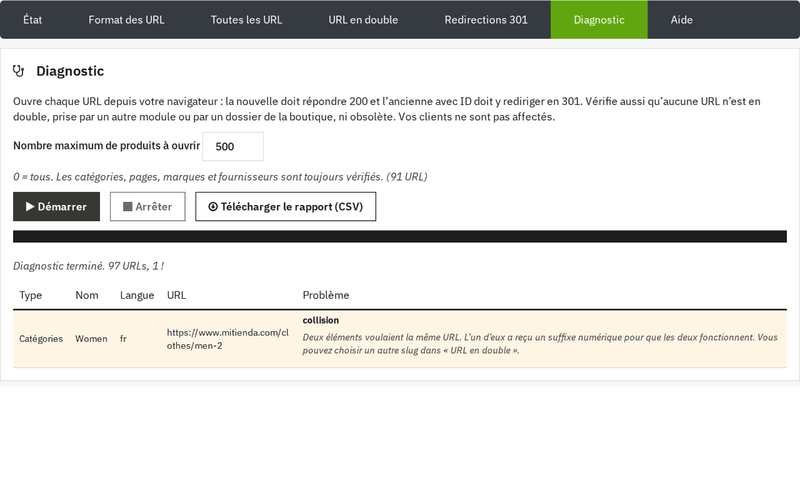 Diagnostic des URL avec rapport CSV et avertissement d'URL en double