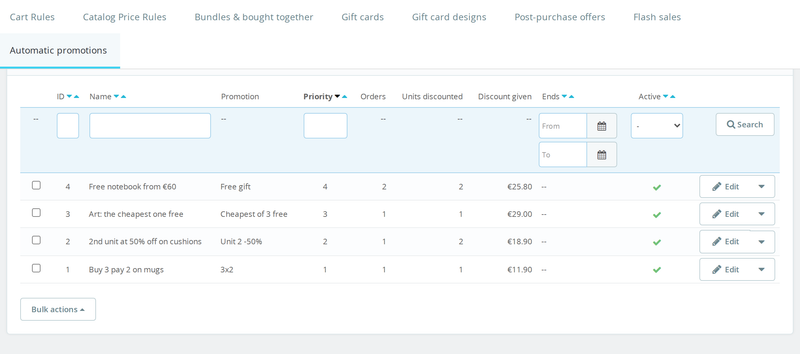 List of automatic promotions with statistics in the PrestaShop back office