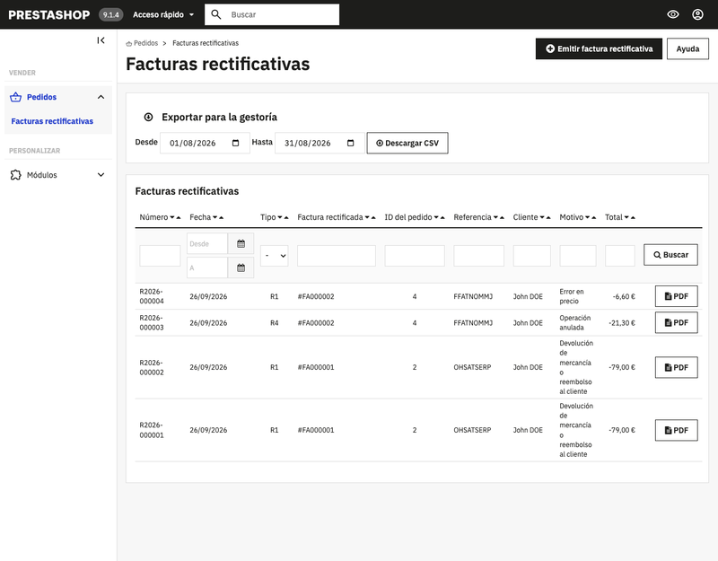 Listado de facturas rectificativas en PrestaShop 9