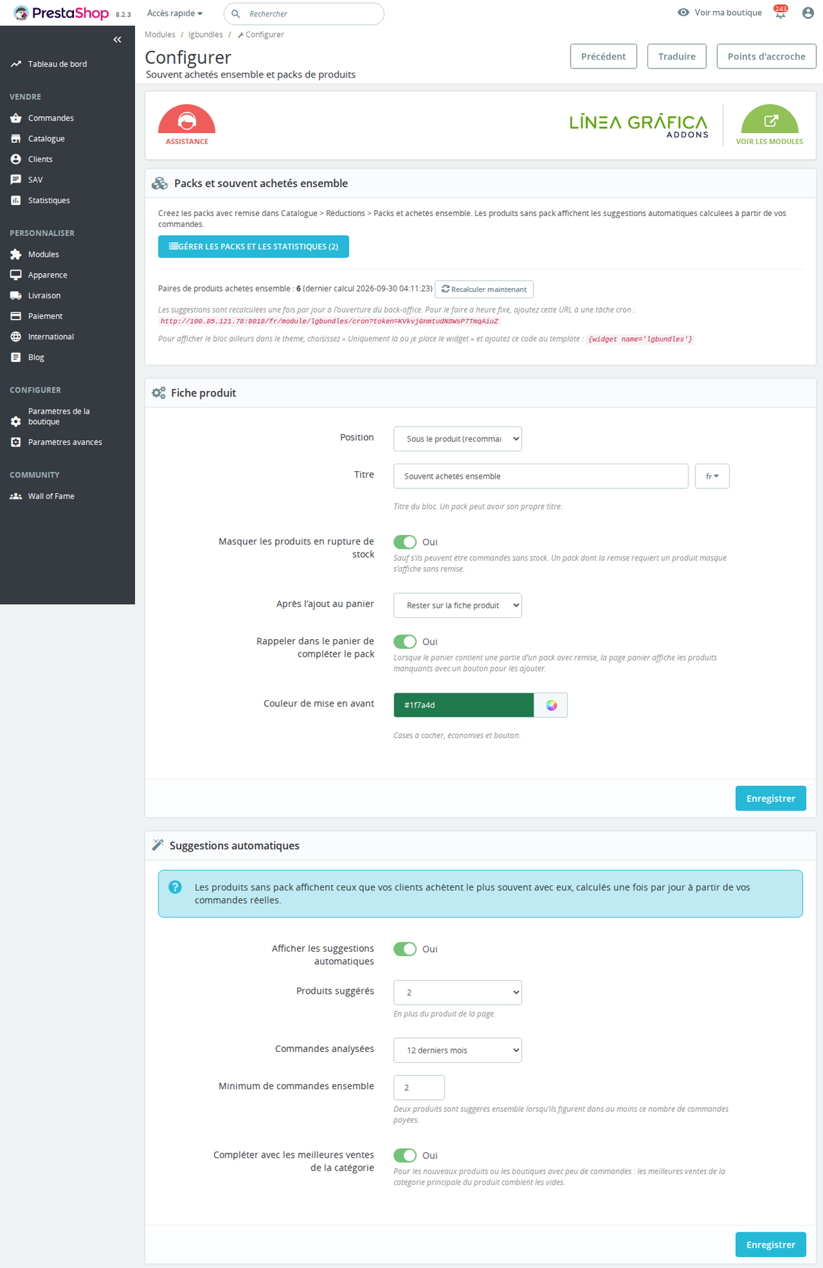 Configuration des suggestions automatiques achetés ensemble