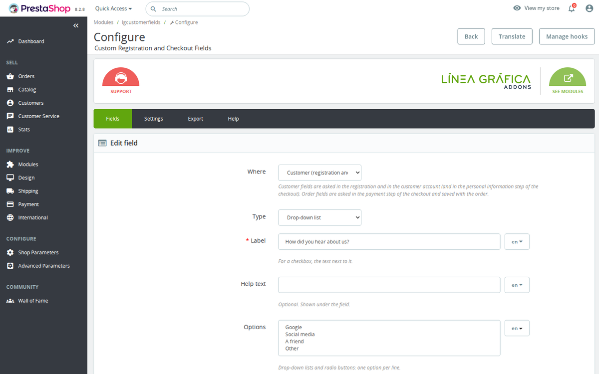 Field form: type, required, validation, groups and languages