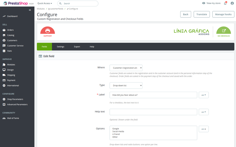 Field form: type, required, validation, groups and languages