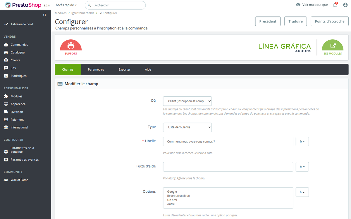 Formulaire d’un champ : type, obligatoire, validation, groupes et langues
