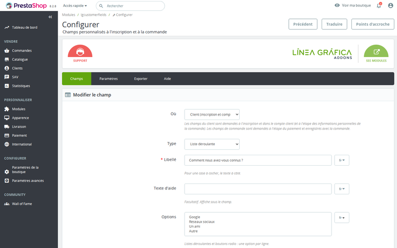 Formulaire d’un champ : type, obligatoire, validation, groupes et langues