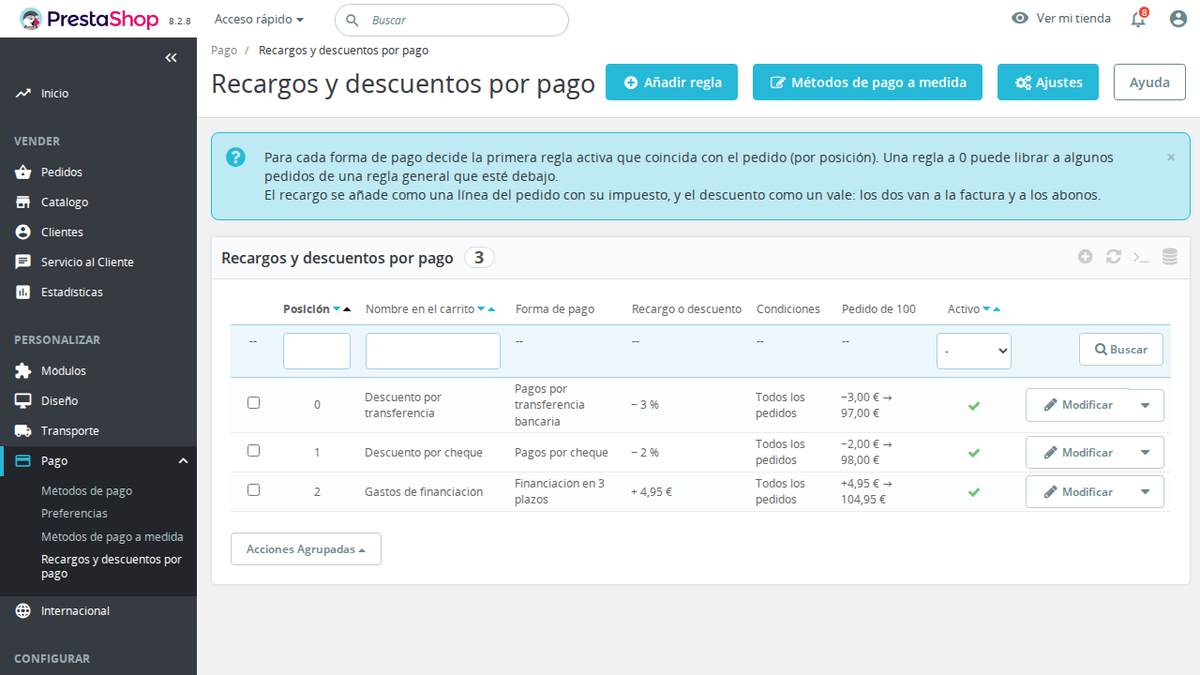 Reglas de recargo y descuento por forma de pago con avisos de conflicto