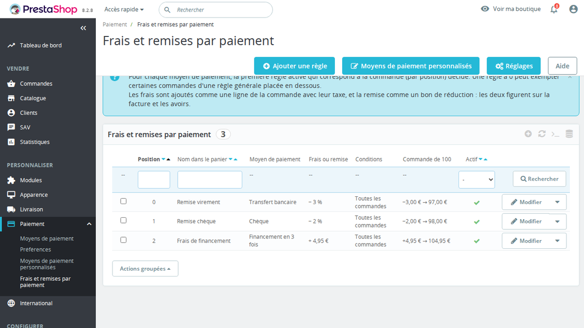 Règles de frais et de remise par moyen de paiement avec alertes de conflit