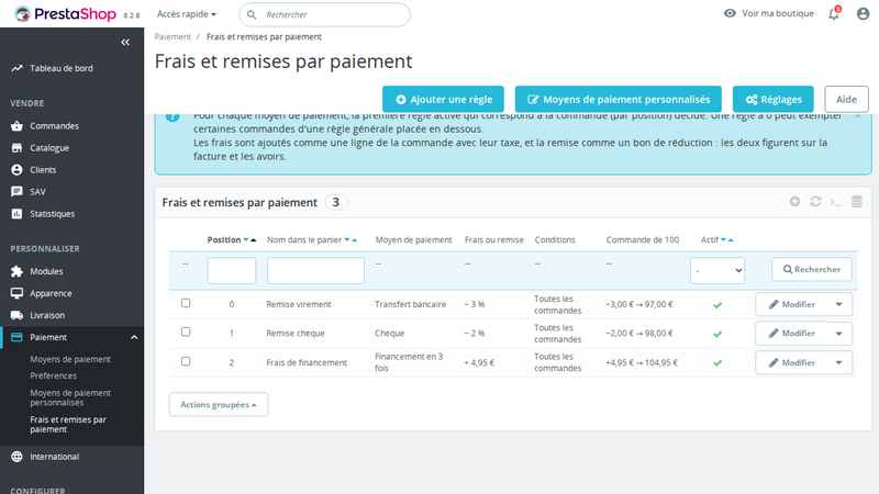 Règles de frais et de remise par moyen de paiement avec alertes de conflit