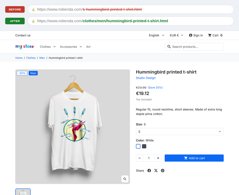 PrestaShop product page with the old URL with ID crossed out and the new clean URL