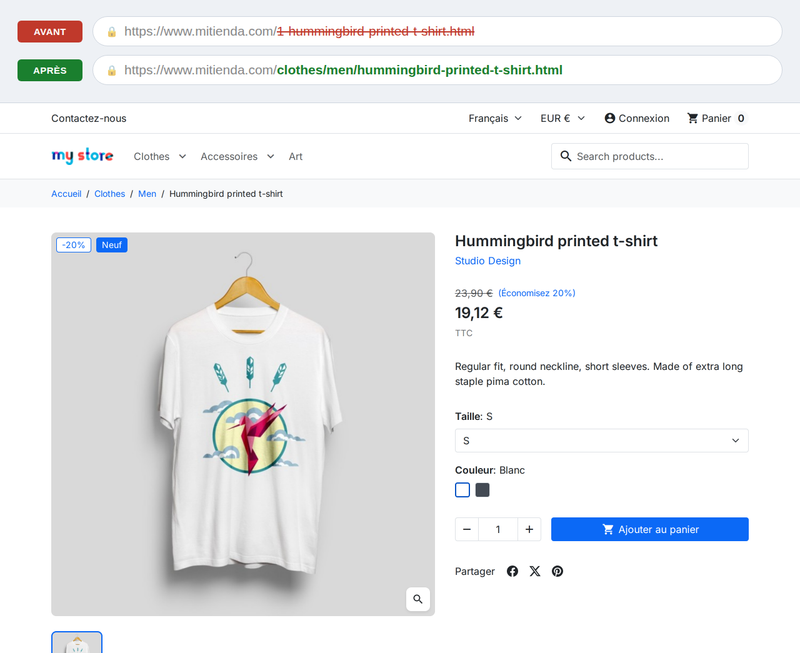 Fiche produit PrestaShop avec l'ancienne URL avec ID barrée et la nouvelle URL propre