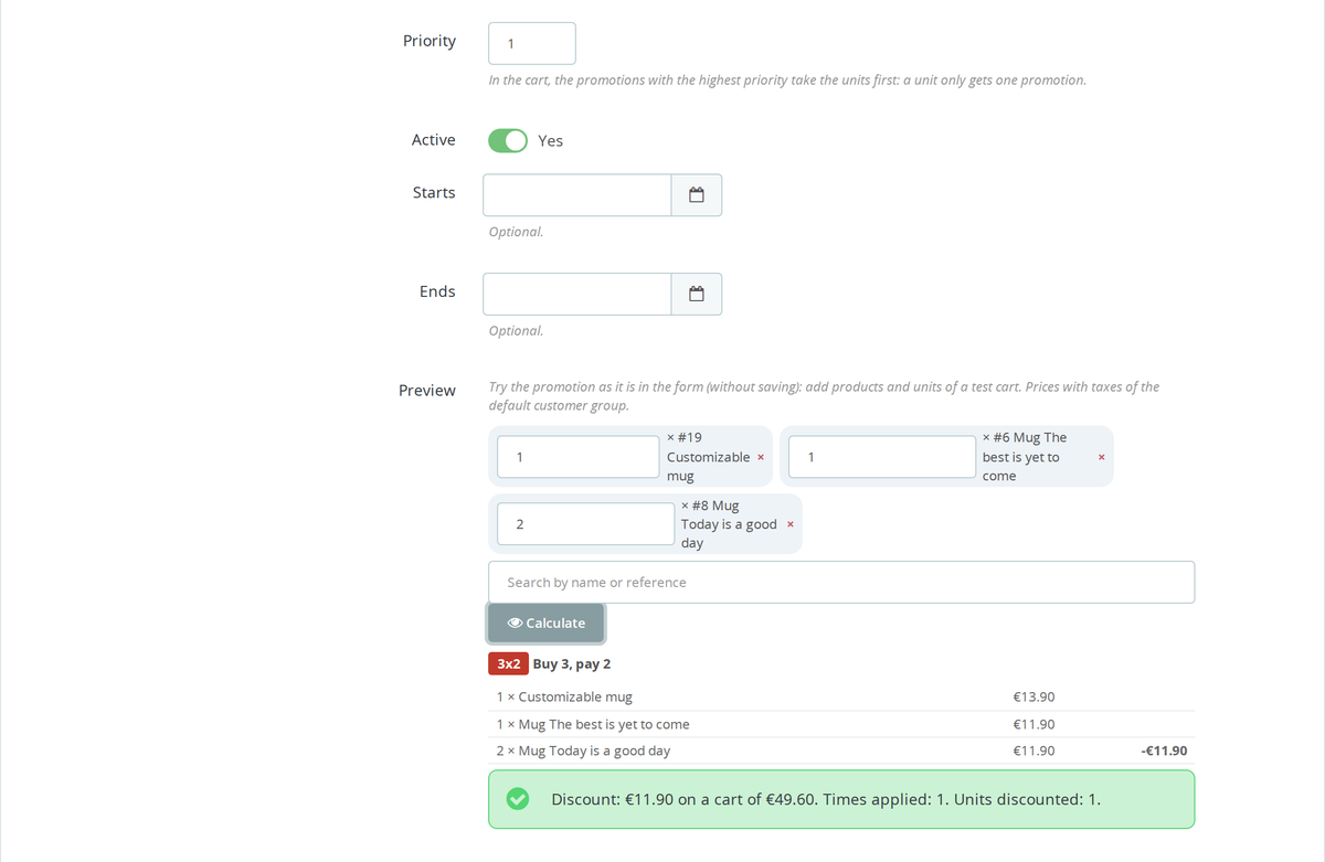 Preview of a buy 3 pay 2 promotion on a test cart in PrestaShop