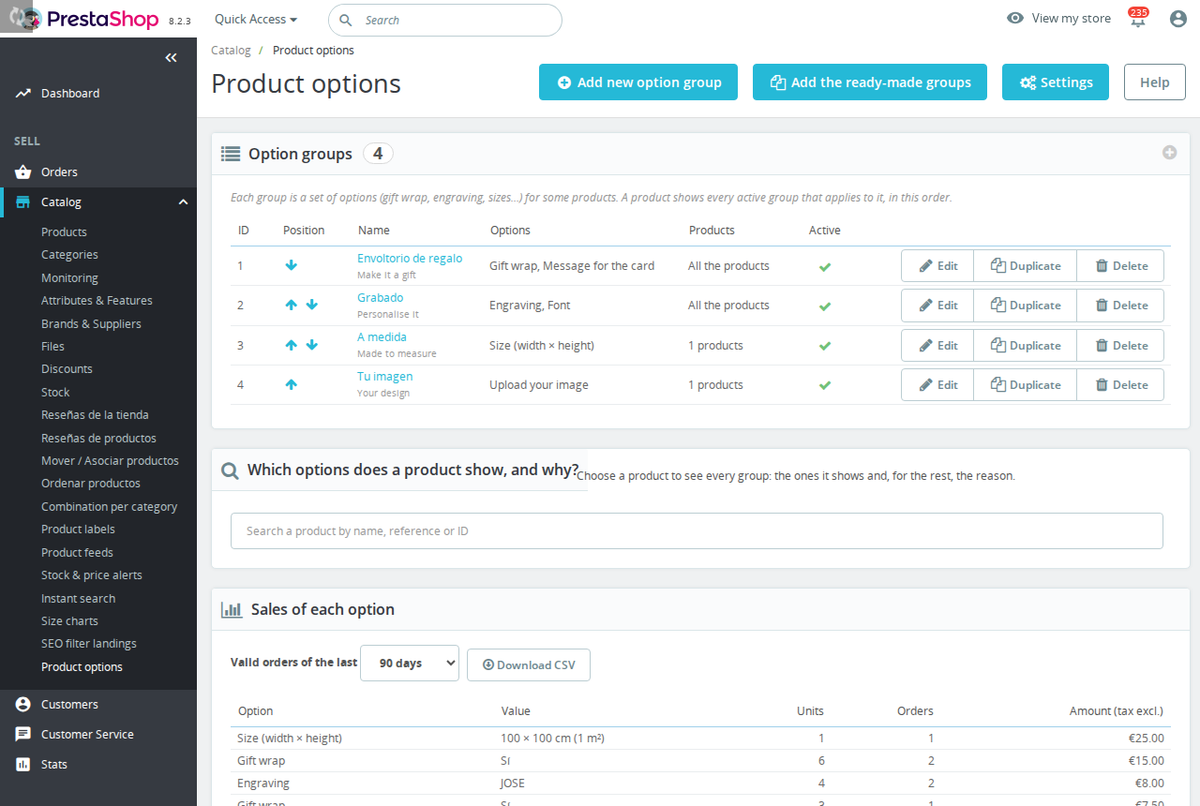 List of product option groups in the back office