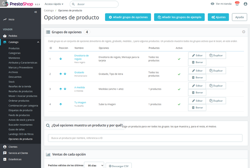 Listado de grupos de opciones de producto en el back office