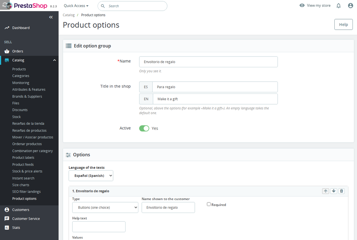 Options editor with prices, conditions and values