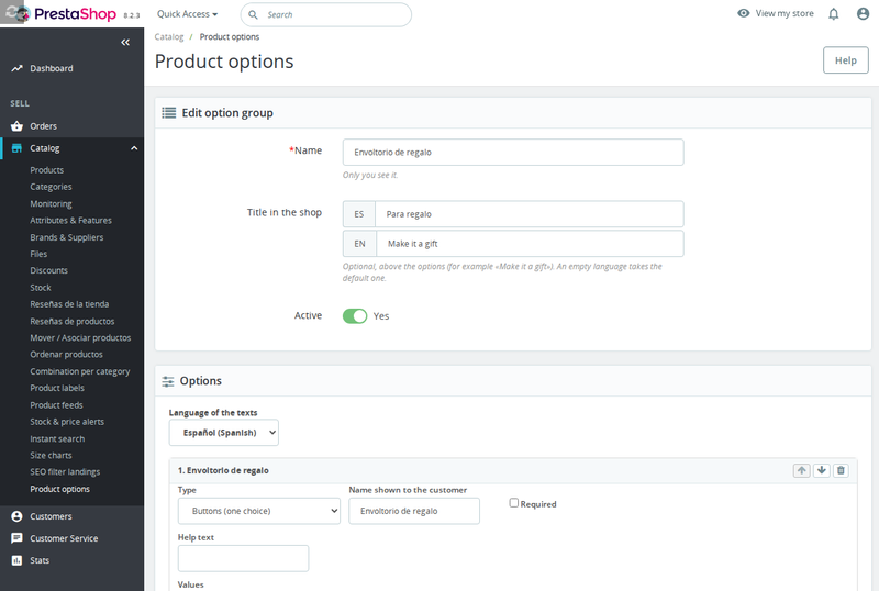 Options editor with prices, conditions and values