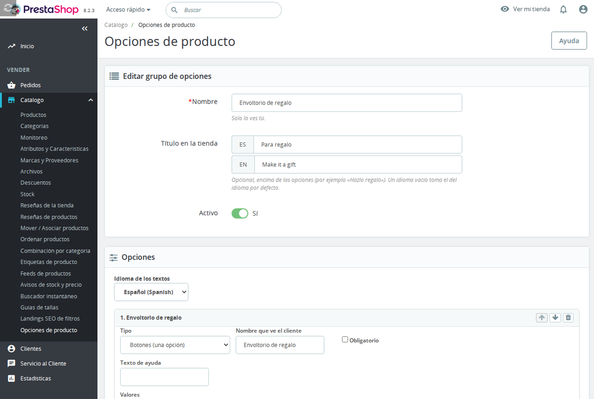 Editor de opciones con precio, condiciones y valores