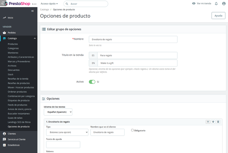 Editor de opciones con precio, condiciones y valores