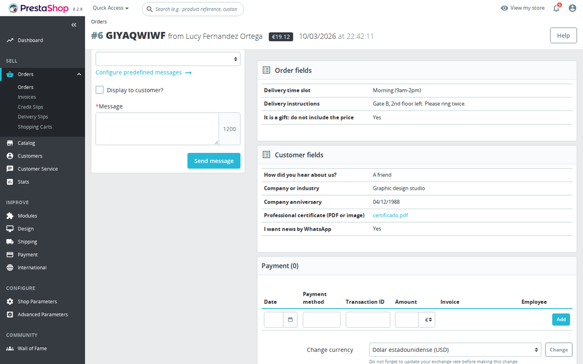 Customer values in the back office order page