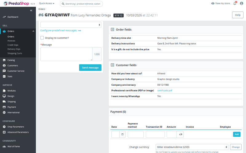 Customer values in the back office order page