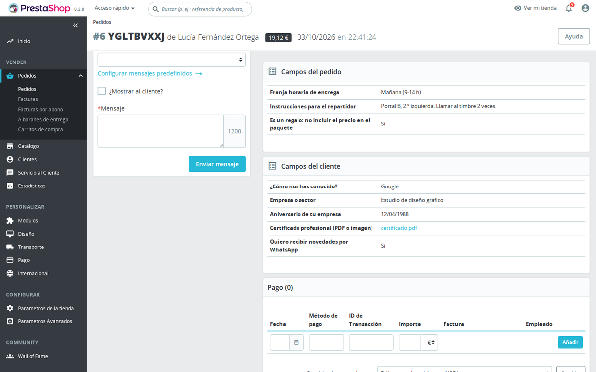 Valores del cliente en la ficha del pedido del back office