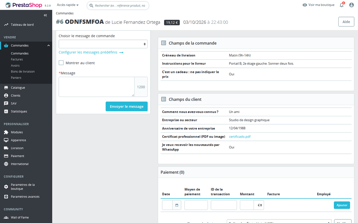 Valeurs du client dans la commande du back-office