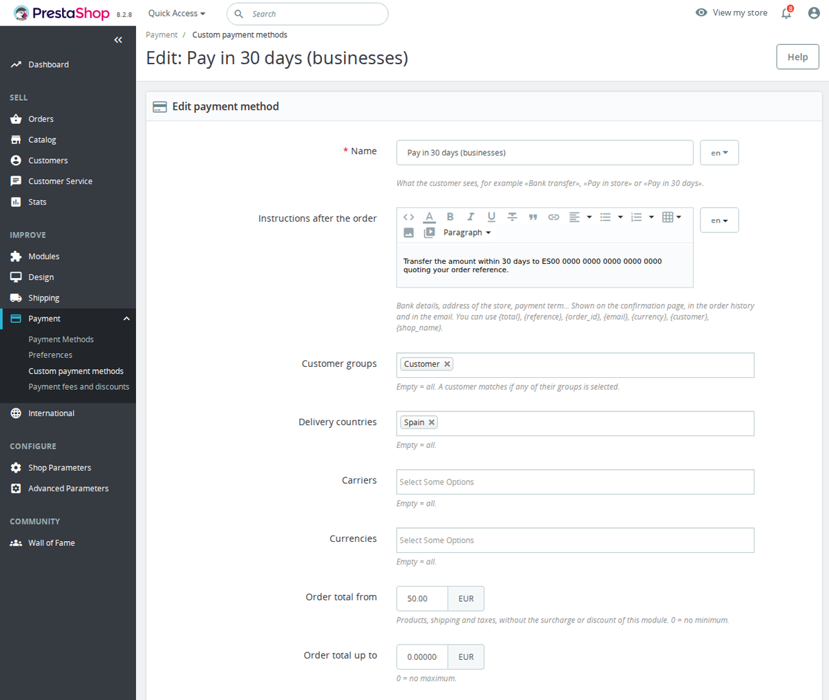 Payment method conditions by group, country, carrier and amount
