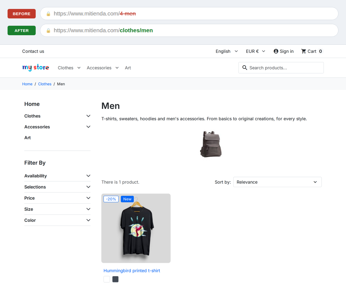 PrestaShop category page with the old URL with ID crossed out and the new clean URL