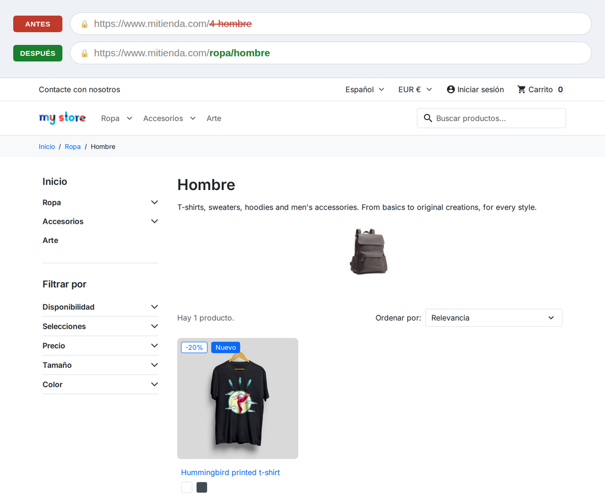 Página de categoría PrestaShop con la URL antigua con ID tachada y la nueva URL limpia