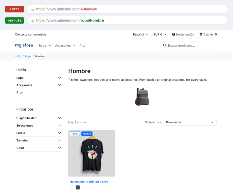 Página de categoría PrestaShop con la URL antigua con ID tachada y la nueva URL limpia
