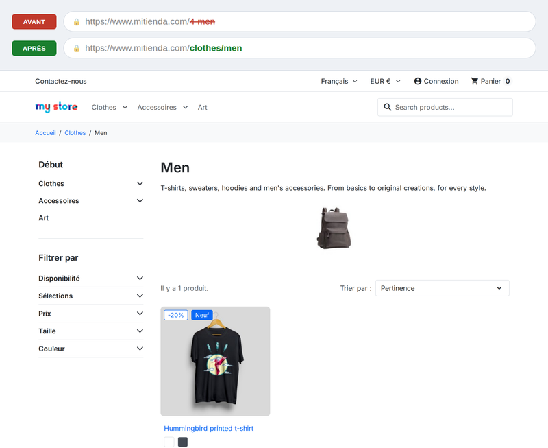 Page de catégorie PrestaShop avec l'ancienne URL avec ID barrée et la nouvelle URL propre
