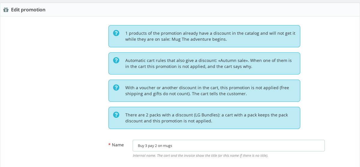 Promotion conflict warnings with specific prices and cart rules