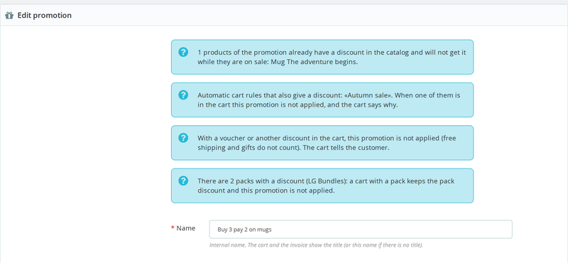 Promotion conflict warnings with specific prices and cart rules