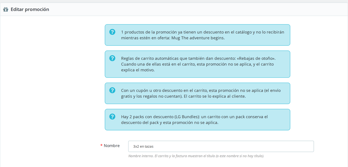 Avisos de conflicto de la promoción con precios específicos y reglas de carrito