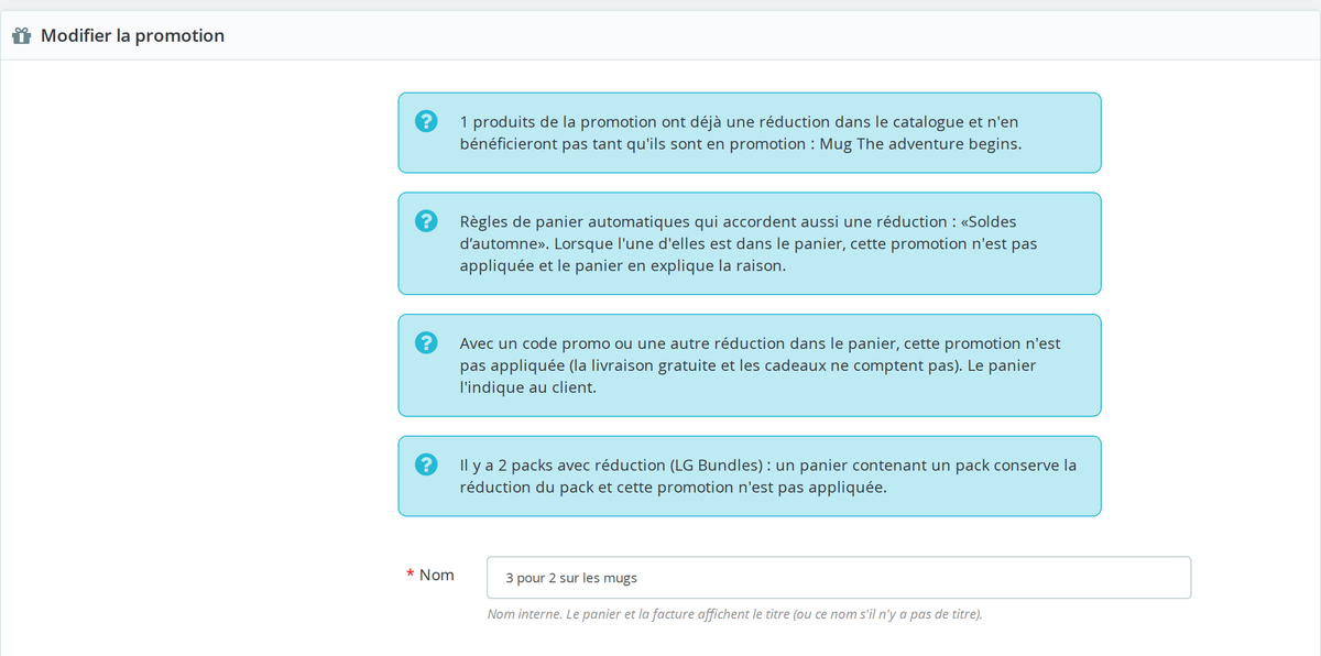 Alertes de conflit de la promotion avec prix spécifiques et règles panier
