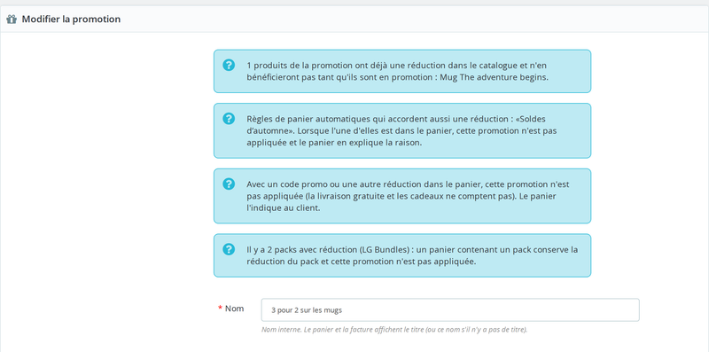 Alertes de conflit de la promotion avec prix spécifiques et règles panier