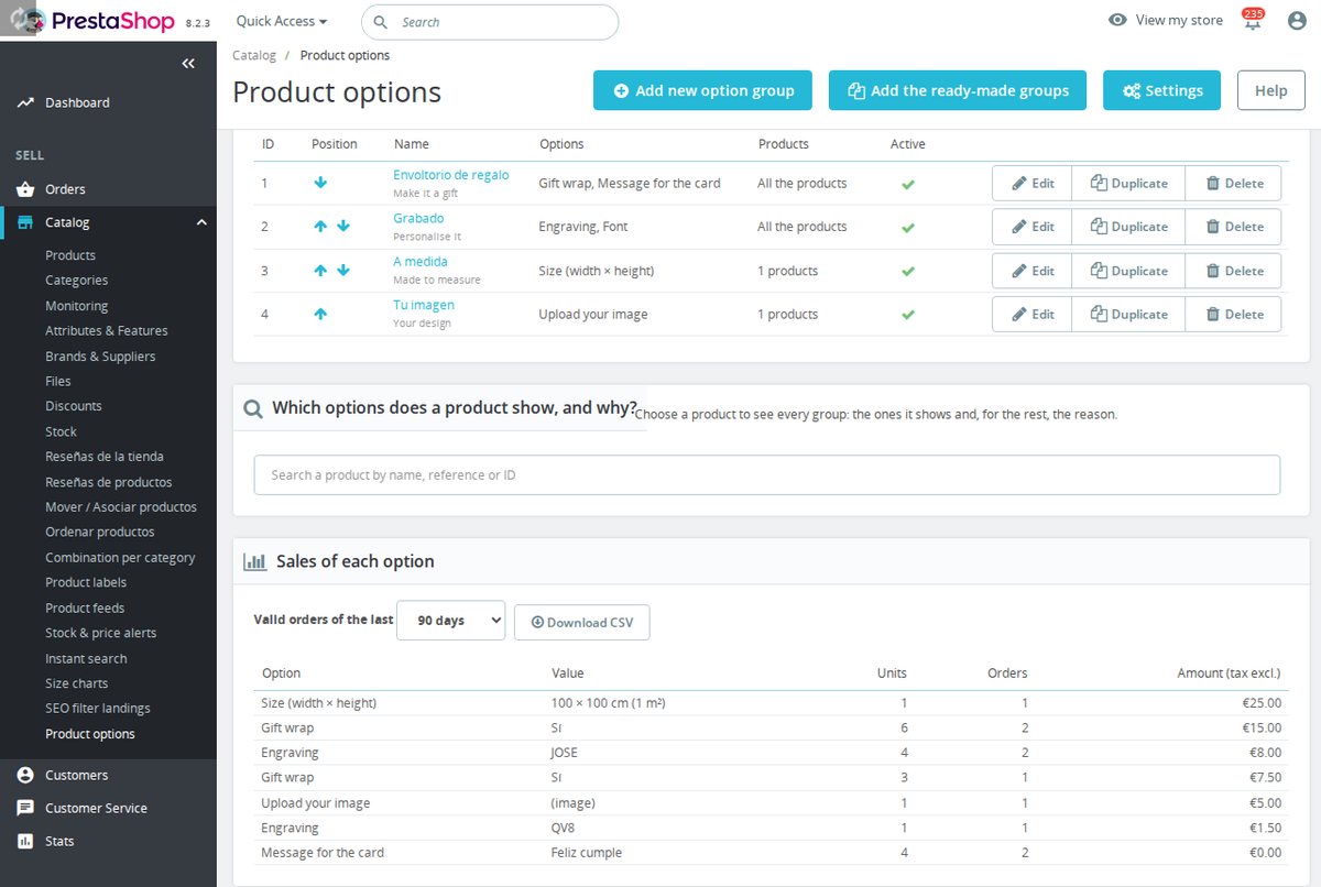 Sales report per product option with CSV export