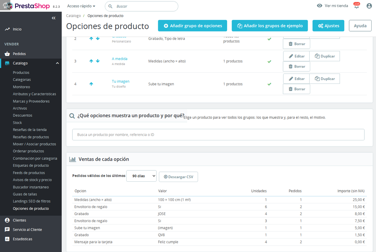 Informe de ventas por opción de producto con exportación CSV