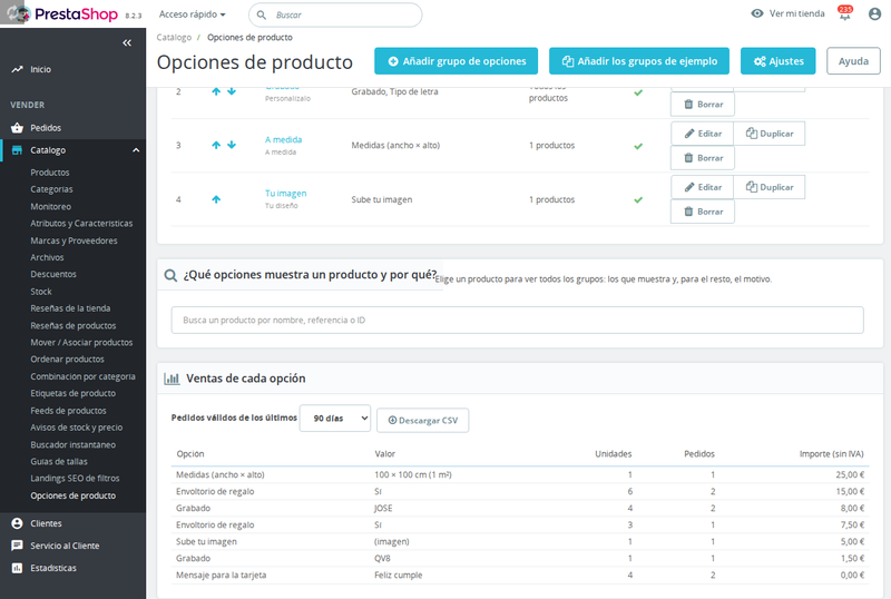 Informe de ventas por opción de producto con exportación CSV