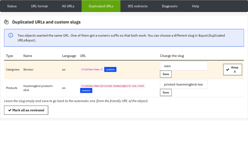 Duplicate URLs notice in the back office with numeric suffix and custom slug