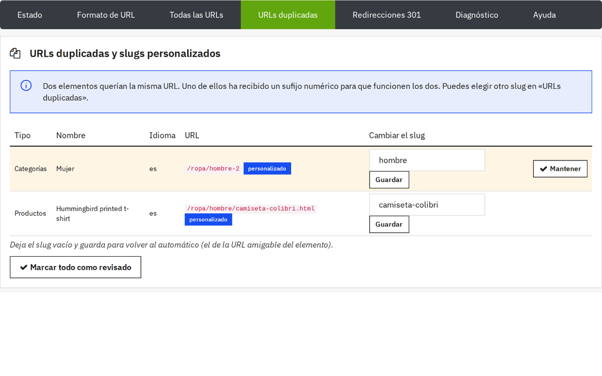 Aviso de URLs duplicadas en el back office con sufijo numérico y slug personalizado