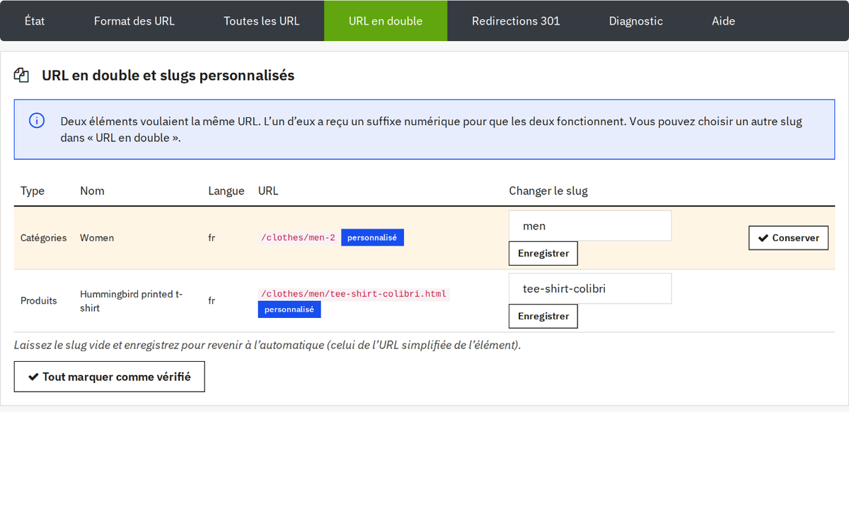 Avis d'URL en double dans le back-office avec suffixe numérique et slug personnalisé