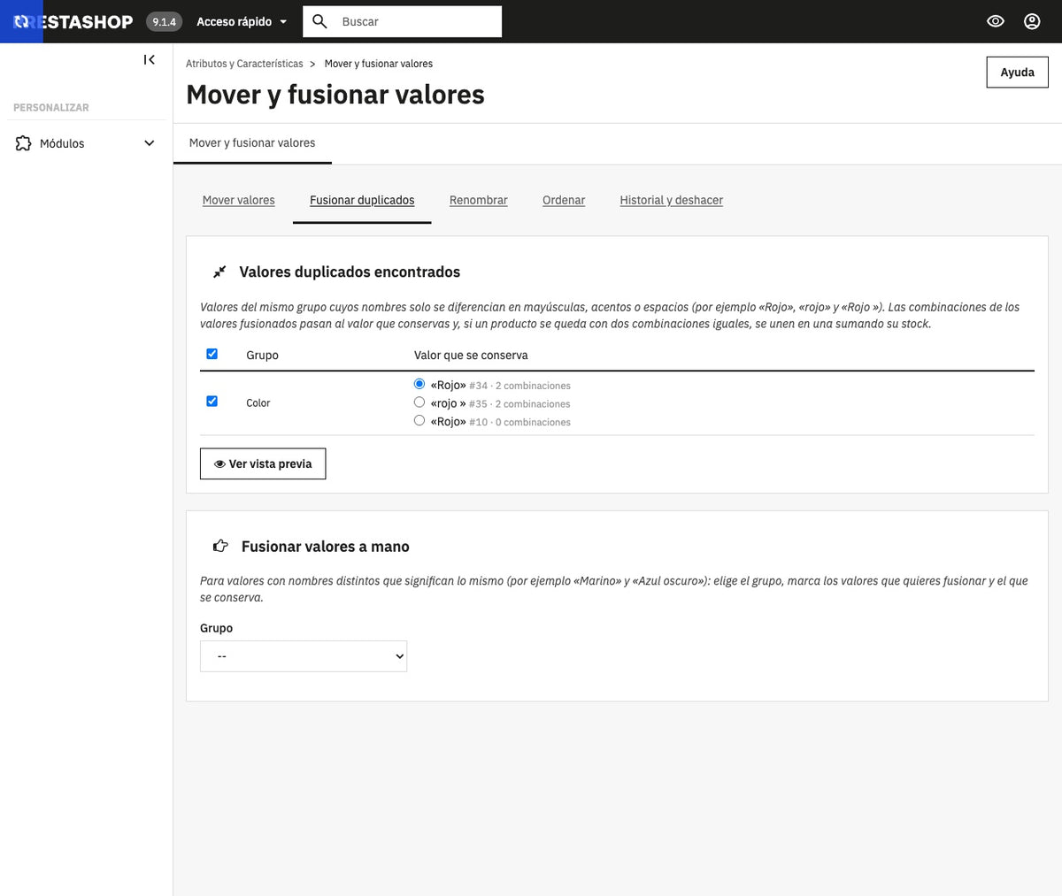 Mover y fusionar valores de atributos