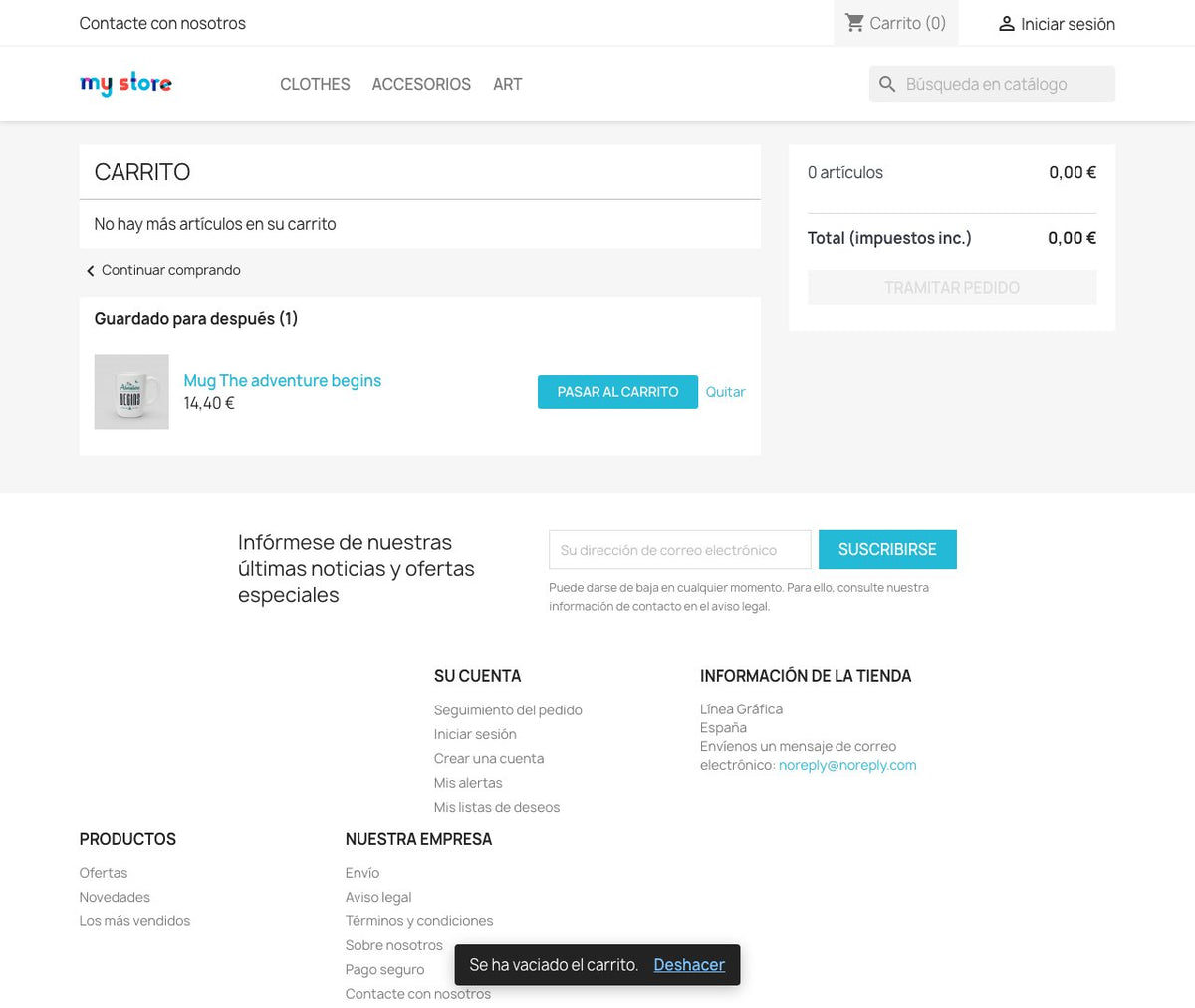 Carrito vaciado con opción de deshacer
