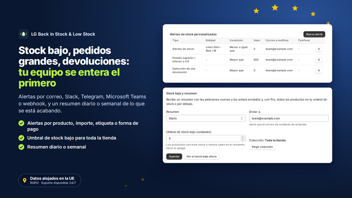 Alertas de stock bajo, pedidos y devoluciones para el comerciante, con resumen diario