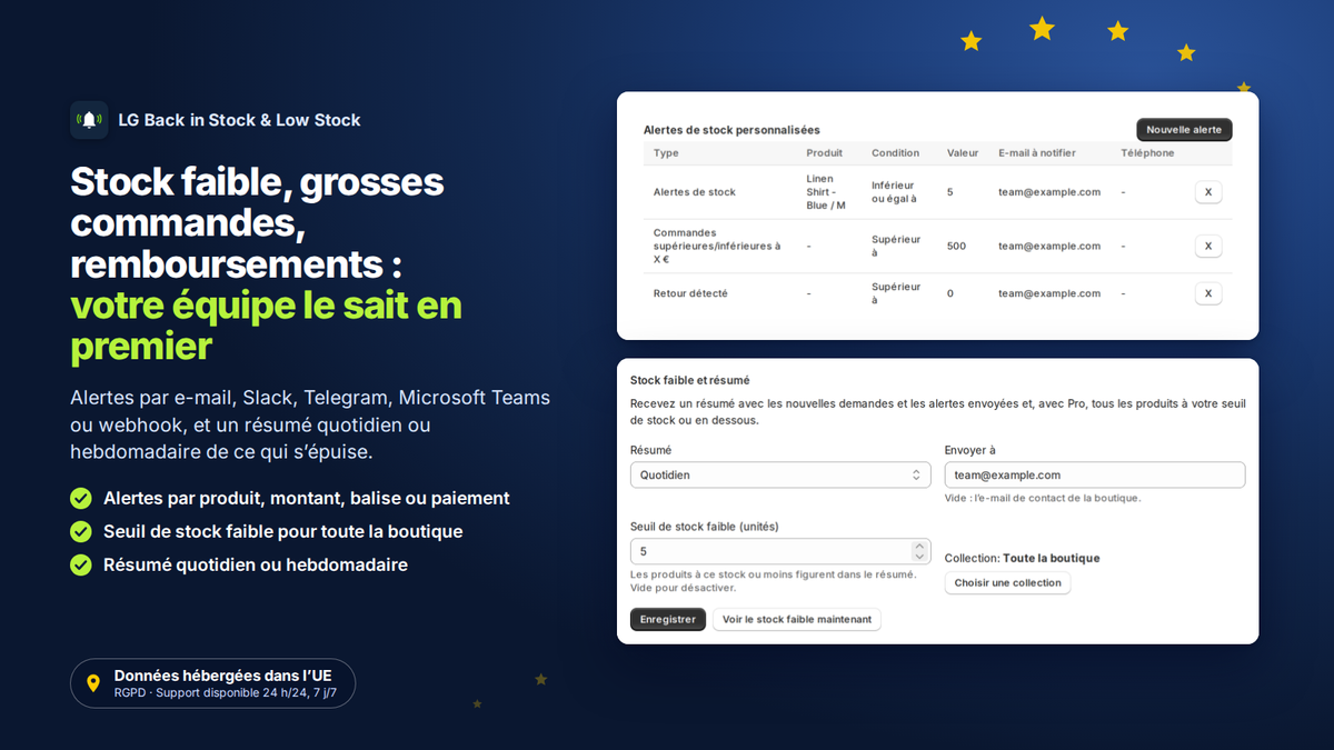 Alertes de stock faible, commandes et remboursements pour le marchand, avec résumé quotidien