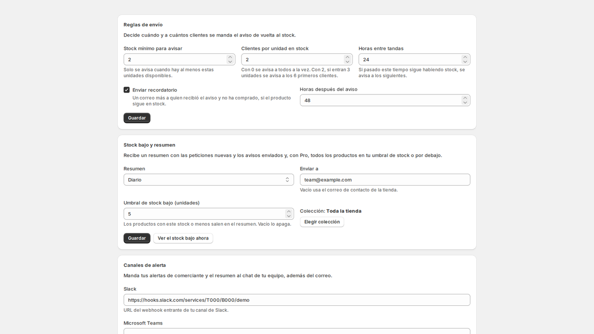 Reglas de envío, alertas de stock bajo de toda la tienda, resumen diario y canales Slack, Telegram y Teams