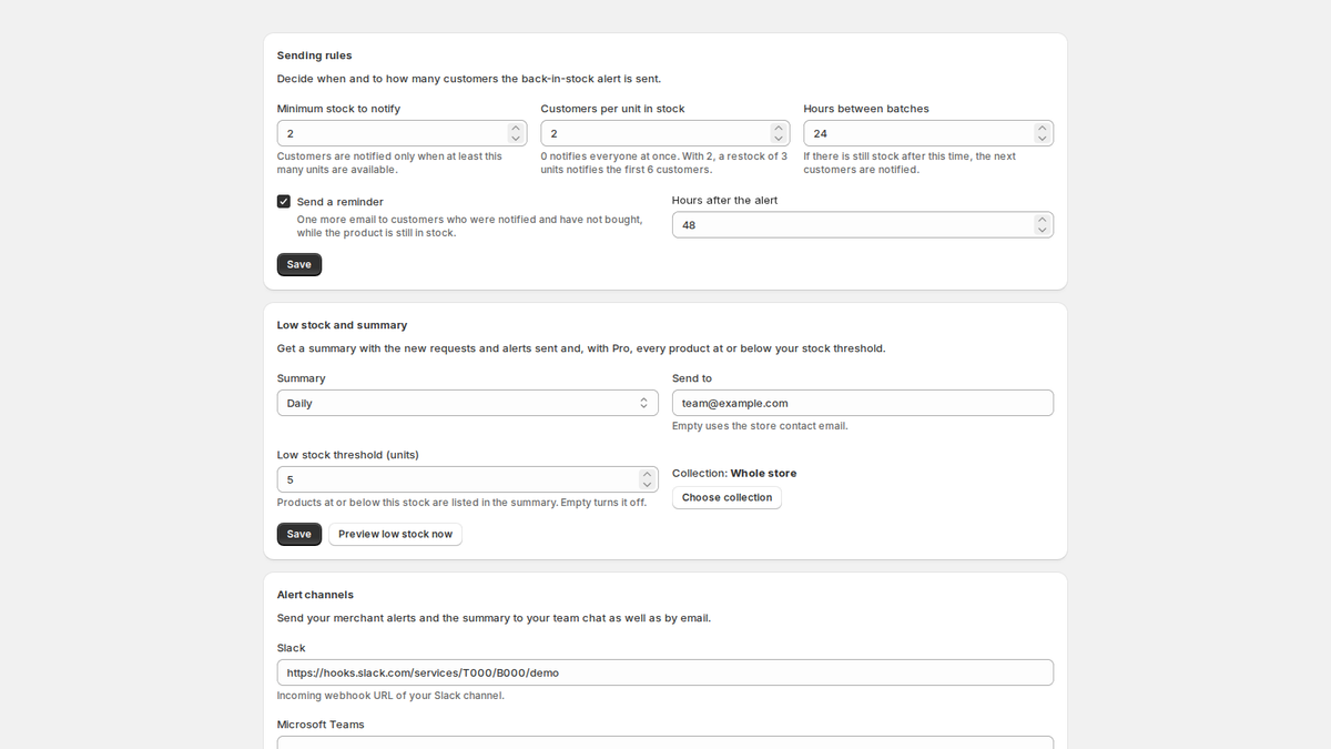 Sending rules, store-wide low stock alerts, daily summary and Slack, Telegram and Teams channels