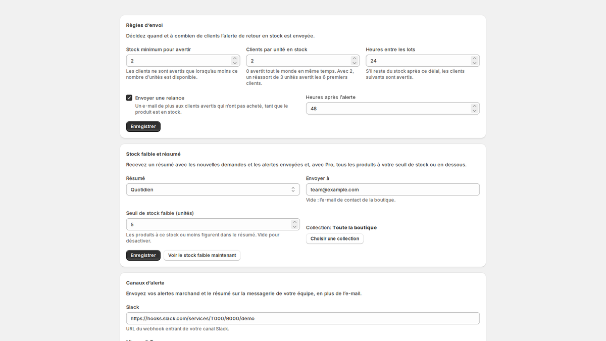 Règles d’envoi, alertes de stock faible sur toute la boutique, résumé quotidien et canaux Slack, Telegram et Teams