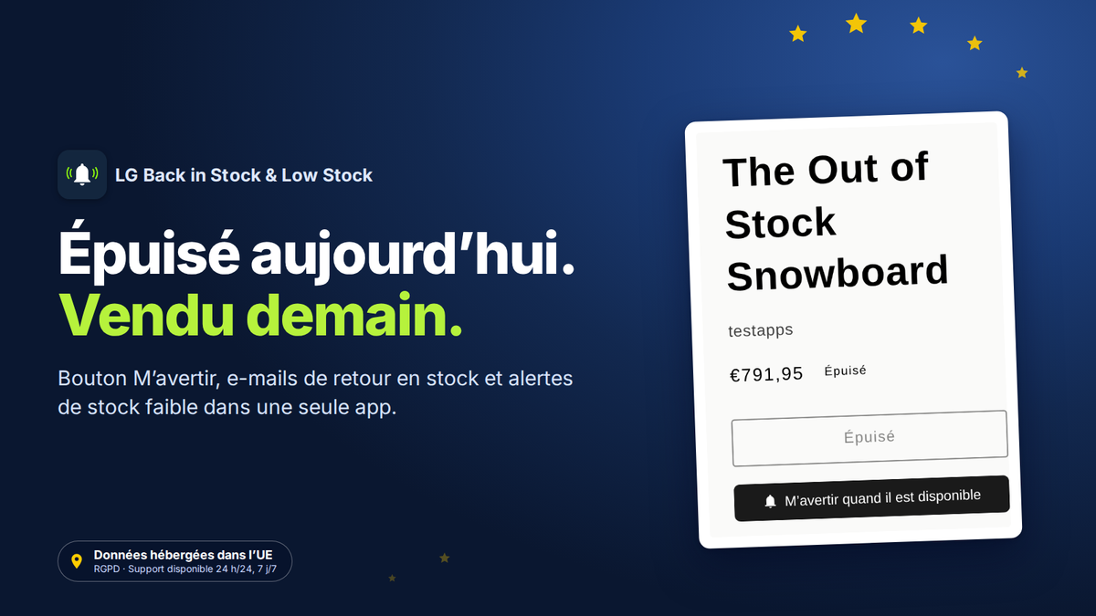 LG Back in Stock & Low Stock, app Shopify d’alertes de retour en stock et de stock faible