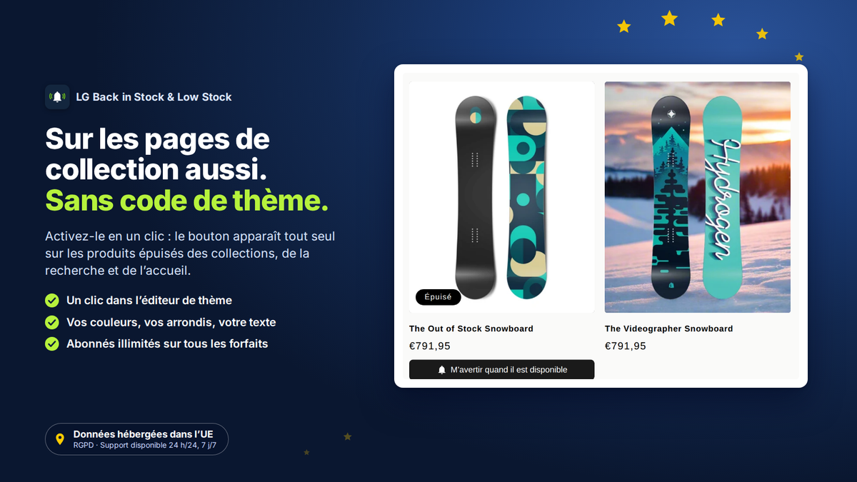 Bouton M’avertir sur les produits épuisés d’une collection Shopify, sans code de thème
