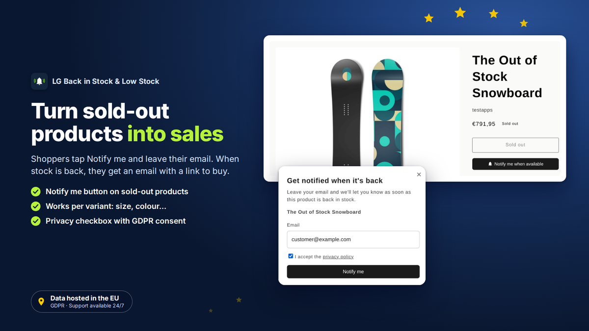 Botão Avise-me e formulário de reposição de stock numa página de produto esgotado da Shopify